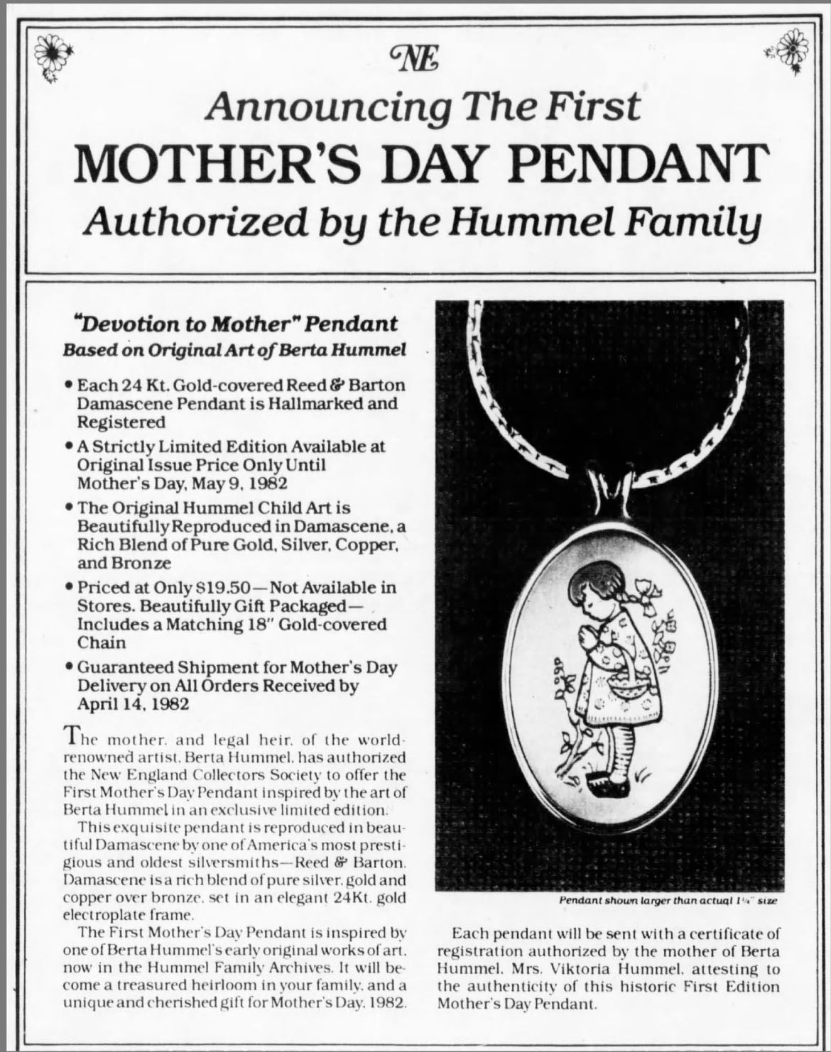 Announcing The First Mother's Day Pendant Authorized by the Hummel Family